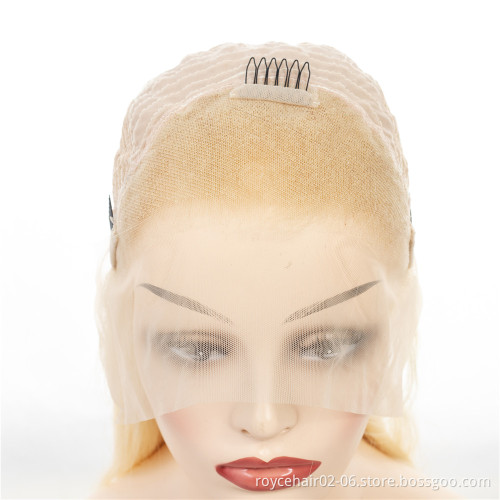 613 Blond color Double Drawn Peruvian Virgin human hair wig Vendor Pre plucked Straight Lace Front Wig